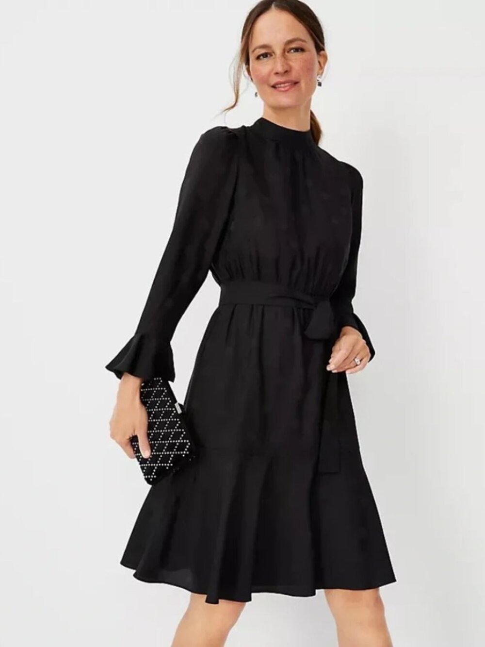 Black Ann Taylor Dotted Mock Neck Flounce Dress - Cocktail party/funeral/wedding
